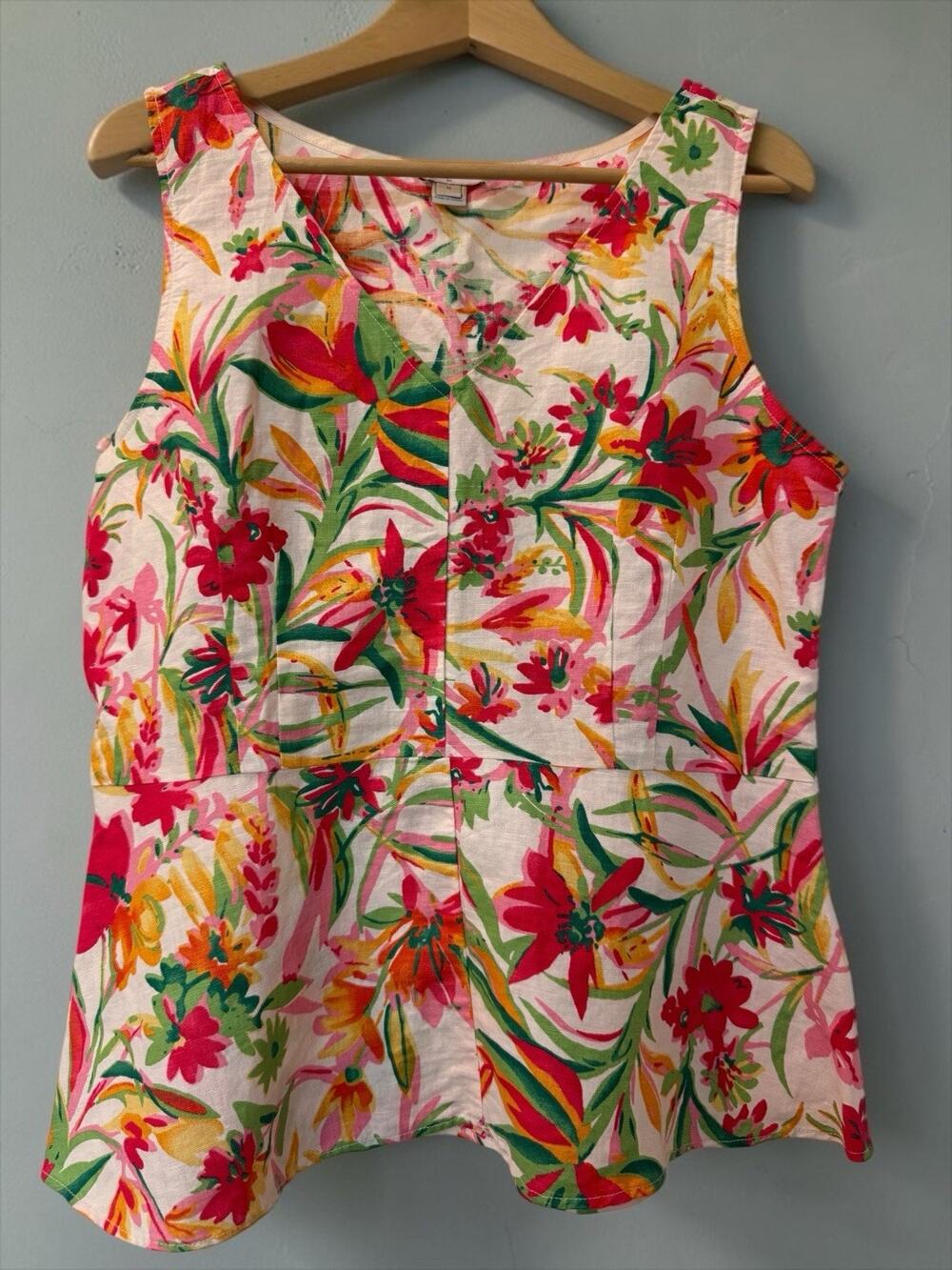 J Crew Women's Floral Tropical Linen Cotton V-Neck Sleeveless Tank Top Size 10